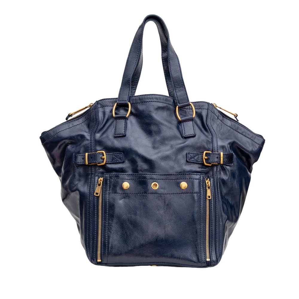 YSL Yves Saint Laurent Large Downtown Tote Navy Blue Patent Leather Bag Italy